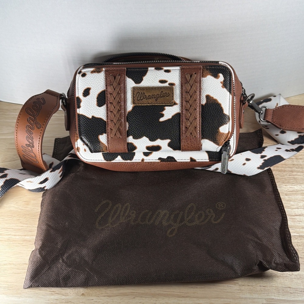 Western Cowgirl Wrangler Crossbody COW PRINT Purse with Strap Dust Bag